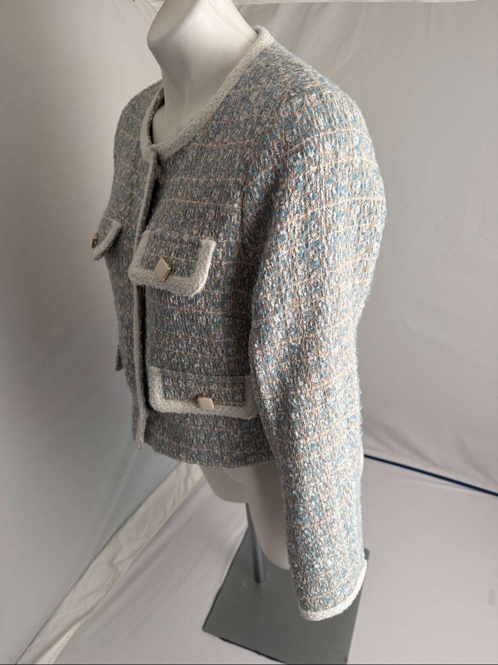 Olivaceous light blue multicolor tweed satin lined boxy blazer - Picture 3 of 9